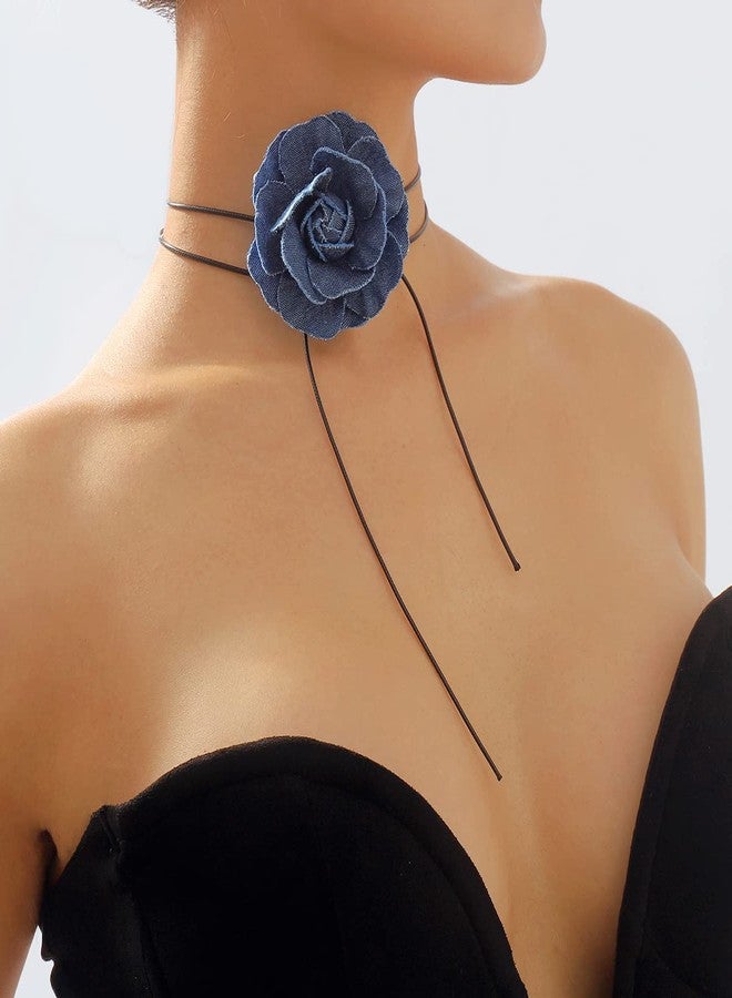 Rannyrena French Denim Flower Choker Necklace Black Leather Rope Long Wrap Tie Necklace Layered Bow-knot Collar Necklace Elegant Party Accessories for Women - Image 2